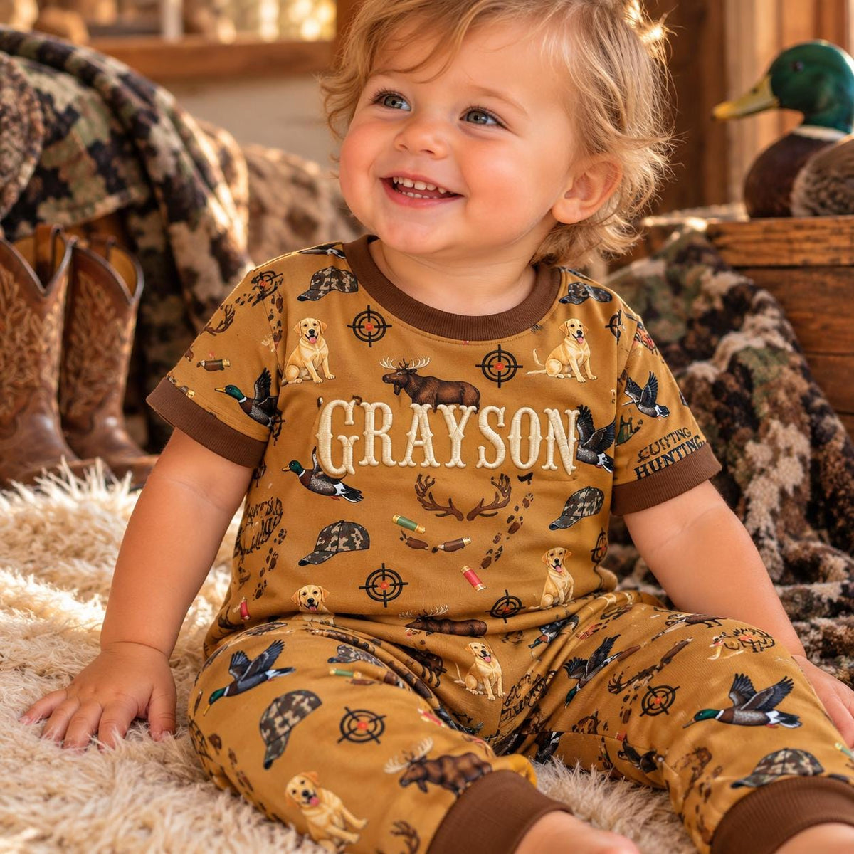 Personalized hunting baby romper with embroidered name and outdoor print