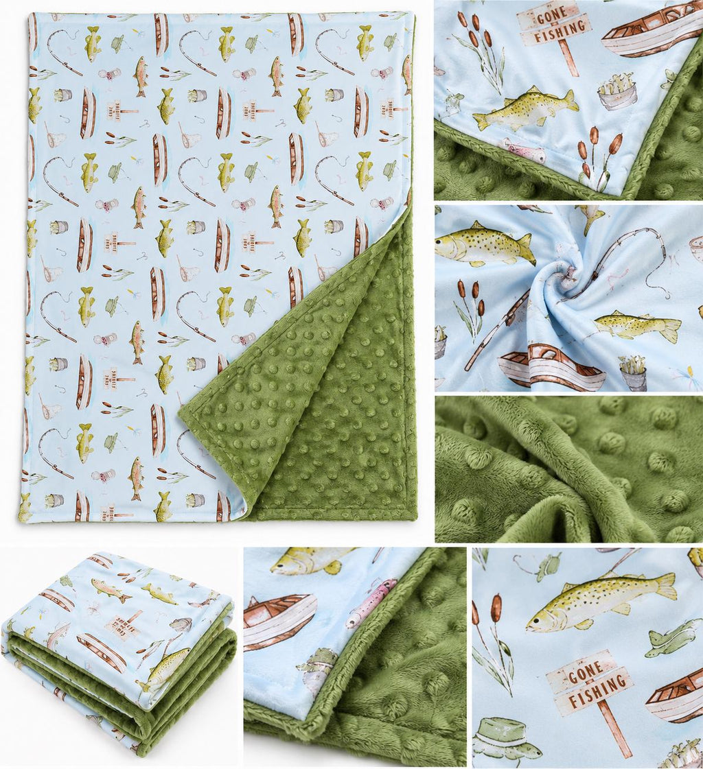 Fishing baby blanket with fish, boats and Gone Fishing print