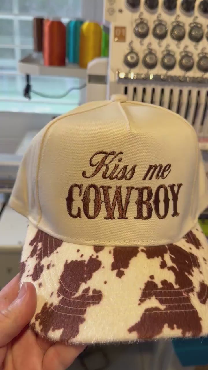 Kiss Me Cowboy Trucker Hat | Cow Print Western Snapback | Flirty Country Concert Hat | Boutique Western Cap