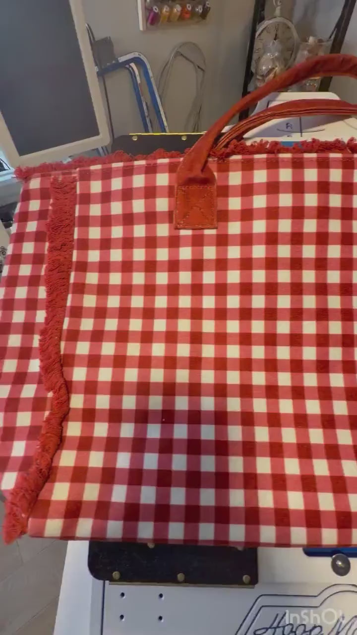 Personalized Red Gingham Tote Bag, Custom Name, Fringe Trim, Game Day, Rush Bag
