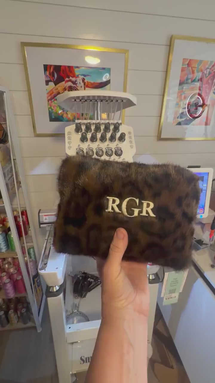 Personalized Leopard Faux Fur Makeup Bag, Custom Monogram Cosmetic Pouch (8.6" W x 5.1" H)