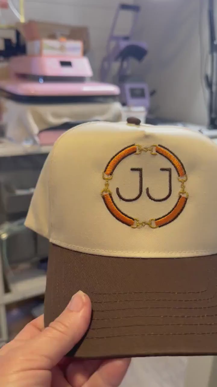 Personalized Equestrian Trucker Hat, Custom Initials, Horse Bit Embroidery (Orange or Pink)
