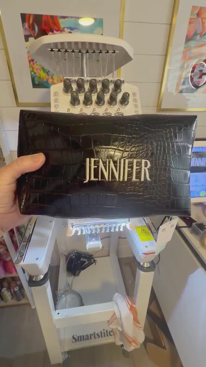 Personalized Croc Embossed Vegan Leather Cosmetic Bag, Custom Monogram Toiletry Organizer