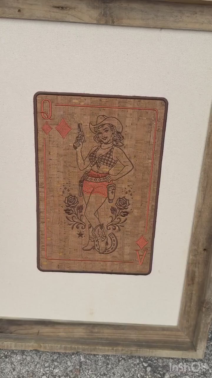 Embroidered Queen Playing Card Art: Western Cork Textile, 16x20 Framed