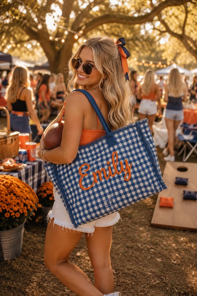 Texas Untamed personalized blue gingham embroidered tote